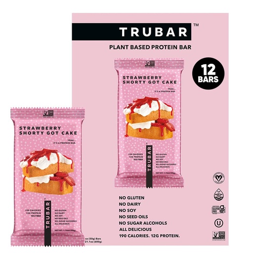 [BRSRABT5C4AQOC36] TRUBAR Vegan Protein Bar, Strawberry Shorty Got Cake, Gluten Free, Plant Based Protein, Dairy Free, Non GMO, Soy Free, No Sugar Alcohols, 12G Protein, 12G Fiber, 23G Carb, On the Go Snack Bars, 12 CT