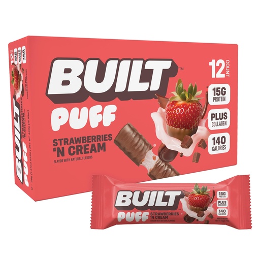 [BRSRAYYCA55GM2TD] BUILT Bar Puff Protein Bars - Strawberries 'N Cream - 15g Protein Snack Bars with Collagen - Calorie Conscious & Gluten Free - 12 Count