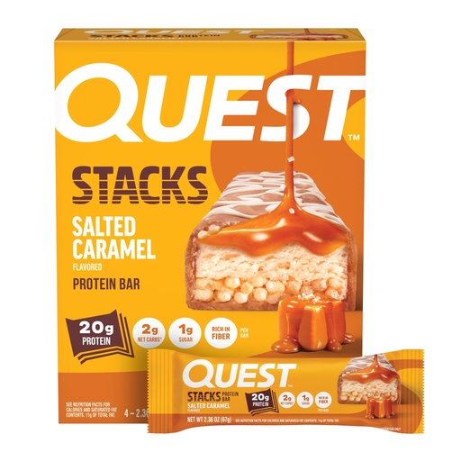 [BRSRGZA3PIBGYD3B] Quest Nutrition Stacks Protein Bars, Salted Caramel Flavor, 20g Protein, 2g Net Carbs, 1g Sugar, High Fiber, Low Sugar, Gluten Free, 4 Count
