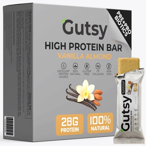 [BRSRGAYBCUDRYH3O] Gutsy High Protein Bars | 28g of Whey Protein 1g of Sugar | All Natural Protein Bars with Prebiotics and Probiotics | Healthy Snacks for Adults & Gluten Free Snacks | 4-Pack Vanilla