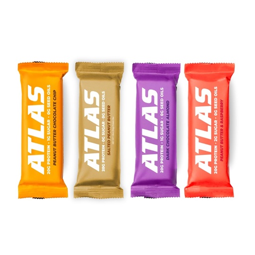[BRSRGGIYBUPBQ3L6] Atlas Real Food Protein Bar – 20g Protein, 10g Fiber, 1g Sugar, No Seed Oils, No Artificial Sweeteners (Variety, 4 Count)