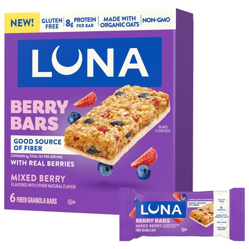 [BRSREHAOBF6AAYI4] LUNA Berry Bars - Mixed Berry Flavor - Fiber Granola Bars - Non-GMO - Gluten Free Protein Bars - Made with Organic Oats (6 Pack)
