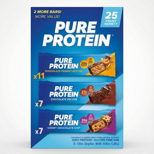 [BRSRGFARB4CBY3LL] Pure Proteins Bars, Nutrient Rich Snacks with High Protein for Energy Support, Minimal Sugar, Gluten-Free, Variety Pack (In NEYUM Packaging) (25 Pack)