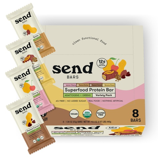 [BRSRGAYDBUNBAELK] SEND Bars Organic Plant Based, Vegan, Healthy Protein Bars with Greens (Organic Variety Box, 8 Bars) – Only Real Food Ingredients, No Added Sugar, Gluten Free, Dairy Free, Non-GMO, Healthy Snacks