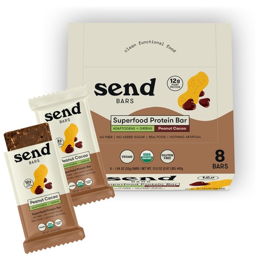 [BRSRGHTQBNYAYFL7] SEND Bars Organic Plant Based, Vegan, Healthy Protein Bars with Greens (Organic Peanut Cacao, 8 Bars) – Only Real Food Ingredients, No Added Sugar, Gluten Free, Dairy Free, Non-GMO, Healthy Snacks