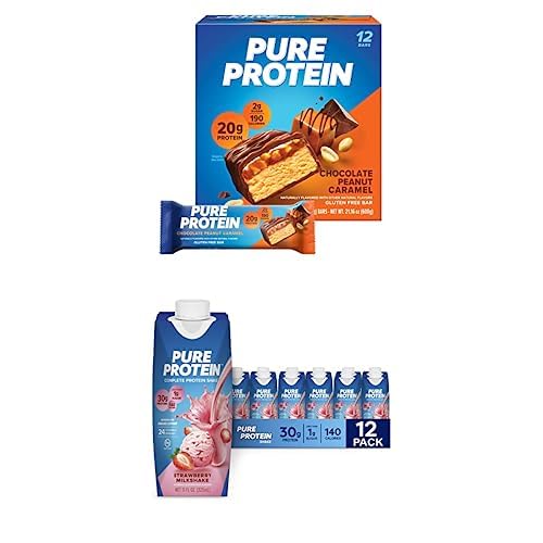[BRSROEL2PIBAOE34] Protein on the Go Bundle: Pure Protein Bars, Chocolate Peanut Caramel, 1.76oz, 12 Count + Pure Protein Strawberry Milkshake Protein Shake, 11oz Bottles, 12 Pack