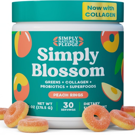 [BRSREAYZC54A4HI7] Simply Blossom Nutrition Daily Greens & Superfood Powder + Collagen + Probiotics for Women's Digestive Health & Bloating Relief. Help Your Health Bloom - 30 Day Supply - Peach Rings