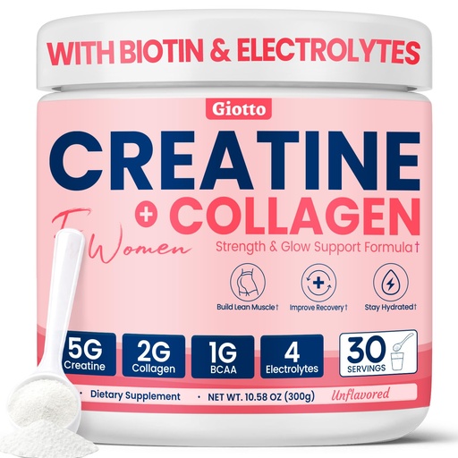 [BRSRGHDQOYGW2FI6] Giotto Creatine for Women with Collagen, BCAAs and Electrolytes – 5g Creatine Powder for Muscle Recovery, Strength & Hydration – Unflavored, 30 Servings