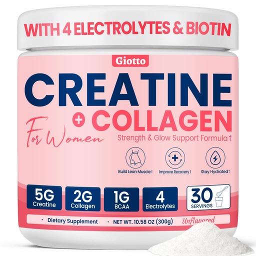 [BRSRGHDQOV6QYCTX] Giotto Creatine for Women with Electrolytes, Collagen & BCAAs – 5g Creatine Powder Per Serving for Hydration, Recovery & Lean Muscle – Unflavored, 30 Servings