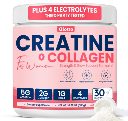 [BRSRGHDRDIBQMD3G] Giotto Creatine Powder for Women – 30 SVG, 5g Monohydrate Creatine with 2g Collagen, 1g BCAAs & Electrolytes for Lean Muscle, Strength & Recovery – Unflavored