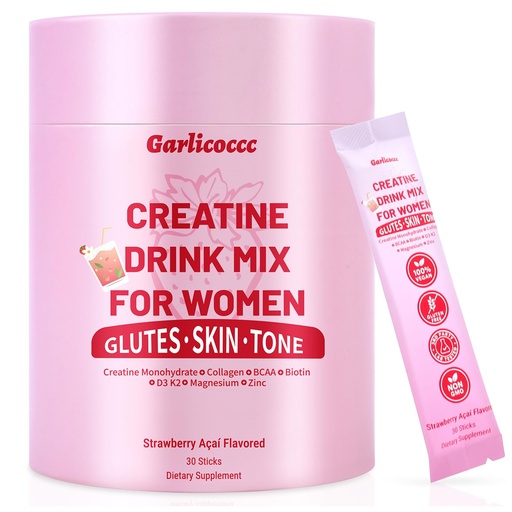 [BRSRGAYEAQCAE3DD] Creatine Powder for Women–Creatine for Women | Creatine Monohydrate + BCAA Powder Myo-Inositol Collagen Biotin Hyaluronic Acid Folate L Glutamine Vitamin D3 Iron Zinc Strawberry Flavor–30 Sticks