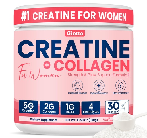 [BRSRGHDQPMJQE3QY] Giotto Creatine Monohydrate Powder for Women – 5g Creatine with 2g Collagen, 1g BCAAs and 4 Electrolytes for Lean Muscle & Strength – Unflavored, 30 SVG