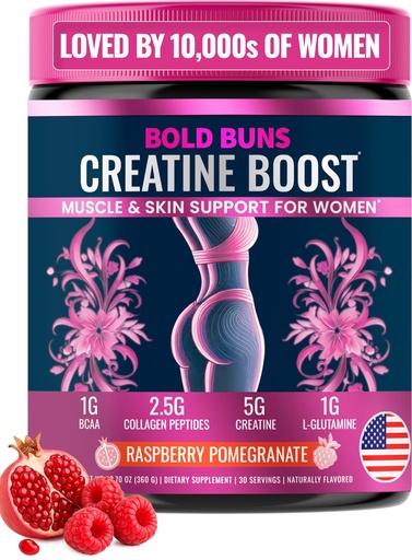 [BRSRGZQPBYHAE23X] Bold Buns Creatine for Women – Supplement with Collagen & BCAA – Supports Muscle Development, Post-Workout Recovery, Skin Elasticity, Healthy Hair & Nail (30 Servings, Raspberry Pomegranate)