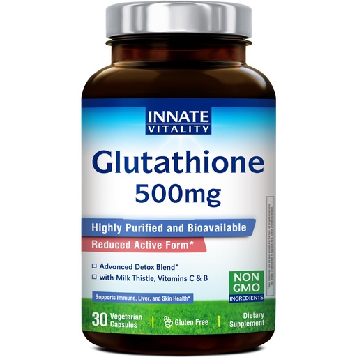 [BRSRABIPCJ5BOFLV] Innate Vitality Glutathione Supplement 500mg, Bioavailable Reduced Glutathione, with Milk Thistle, Vitamin C, B Complex, Immunity Defense, Liver, Antioxidant Support, 30 Capsules
