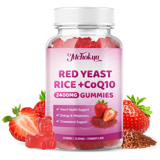 [BRSRECA5ARYG23Q6] Red Yeast Rice 2400mg Gummies, Red Yeast Rice Supplement for Men & Women Support Heart Health, Energy Support, Sugar-Free, Vegan Non-GMO, Strawberry Flavor - 60 Count