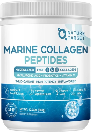[BRSROFITDJYQ4CL2] NATURE TARGET Marine Collagen Peptides אבקת - סוג I & III Collagen עם פרוביוטיקה, ויטמין C & Hyaluronic Acid for Skin, Hair, Nails, Wild-Caught Fish & Grass-Fed Bovine, 35 משרתים