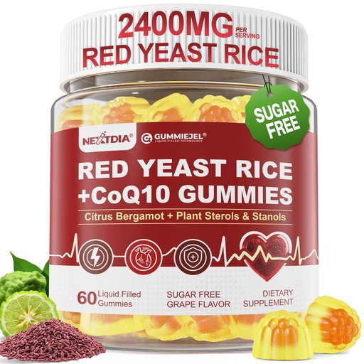 [BRSREFD5B4MA2A3H] Red Yeast Rice Gummies 2400MG with CoQ10, Suagr Free Balanced Chṏlesterṏl Supplements Plus Citrus Bergamot, Plant Sterols & Stanols Supports Vḁsculḁr Health, Energy, Immunity for Age 50+,Vegan,60 Cts