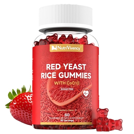 [BRSREEACAUBRUG3Z] Red Yeast Rice with Coq10 Gummies, Red Yeast Rice 2400mg with Coq10 200mg Supplements, Sugar Free, Vegan, Non-GMO, Strawberry Flavor, 60 Counts
