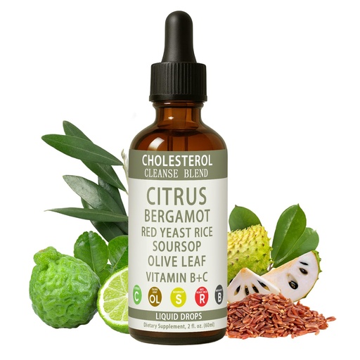 [BRSREAQNOUCQEETK] Red Yeast Rice Drops - Cholesterol Support Blend with Citrus, Bergamot, Red Yeast Rice, Soursop, Olive Leaf, Vitamin B+C, Natural, Non-GMO, Vegan, Dietary Supplement, 2 fl. oz (60ml)