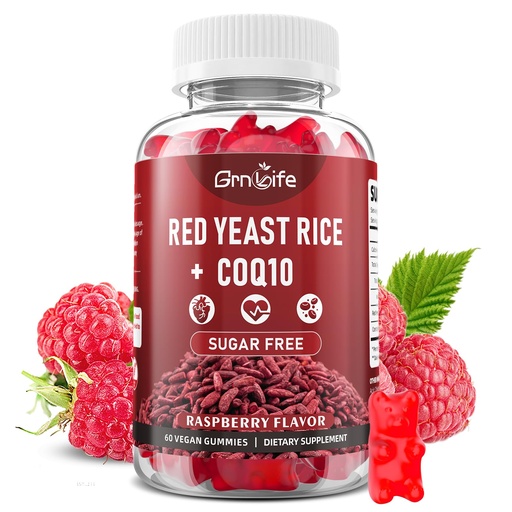 [BRSREFL3CUDR62Y2] Red Yeast Rice with Coq10 Gummies, Red Yeast Rice Supplement, Sugar Free, Raspberry Flavor, 60 Count