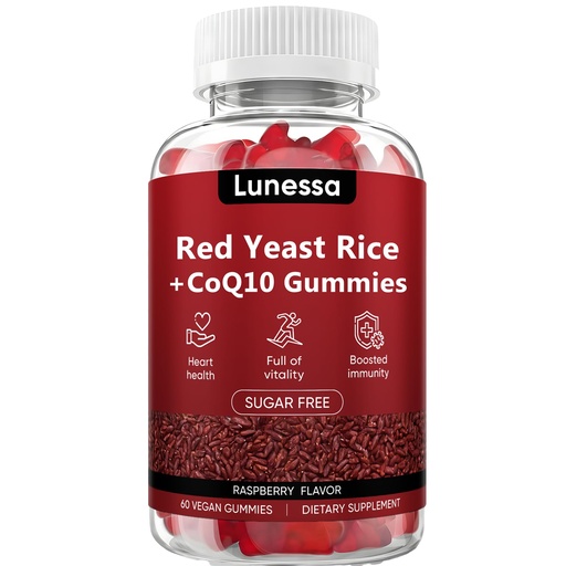 [BRSRGFQHOZ6BQGTK] Red Yeast Rice with CoQ10 Gummies, Red Rice Yeast for Cholesterol Cleanse, Non-GMO, Vegan, Raspberry Flavor, 60 Gummies