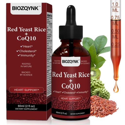 [BRSRECYHBAPGMHY2] BIOZOYNK Red Yeast Rice + CoQ10 Liquid Drops – Plant-Based Cholesterol & Cardio Support with Citrus Bergamot, Soursop, Garlic & Olive Leaf – Vegan, Alcohol-Free Supplement, 2 fl oz (60 mL)
