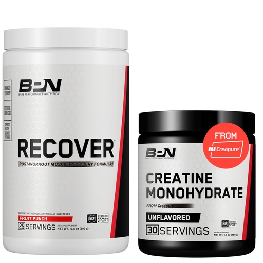 [BRSRECQHOQAWE23H] BARE PERFORMANCE NUTRITION BPN Recover Post-Workout Muscle Recovery Drink Mix – Fruit Punch 25 Servings + Pure Creatine Monohydrate Powder 30 Servings | Recovery + Strength Bundle