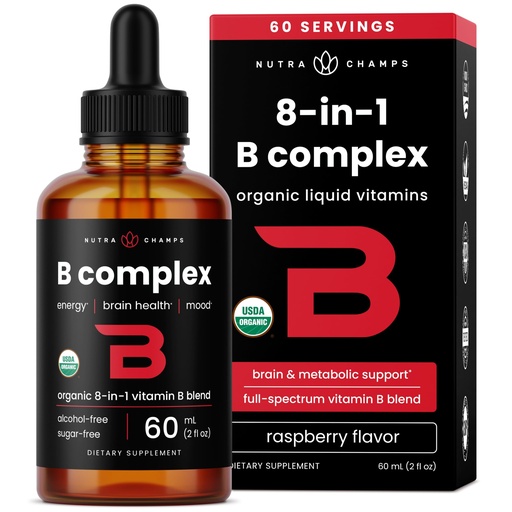 [BRSWYYD3OIDQ223B] USDA Organic Vitamin B Complex Liquid Drops Sublingual B12 Methycobalamin | B1, B2, B3, B5, B6, B7, B9 | Methylated B Vitamins Complex for Women & Men | Biotin, Niacinamide, Folate & Folic Acid, 2oz