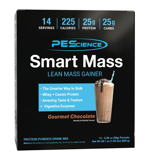 [BRSREA3ROIPQA2DP] PEScience Smart Mass Gainer, Lean Muscle Weight Gainer, Whey Protein & Casein Protein Blend with Slow-Digesting Carbs, Maltodextrin-Free, Gourmet Chocolate, 14 Packets