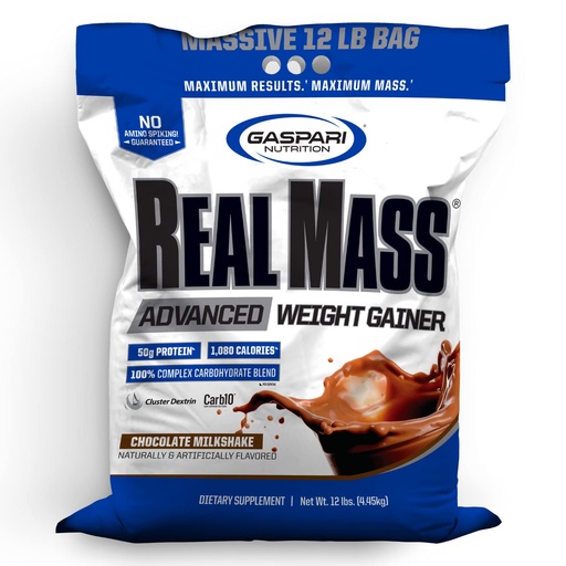 [BRSWIBDROB6WK2TG] Gaspari Nutrition Real Mass: Advanced Weight Gainer, Protein and Complex Carb Blend, 50g Protein, 16g EAAs, Gluten-Free, 12 lbs (Chocolate Ice Cream)