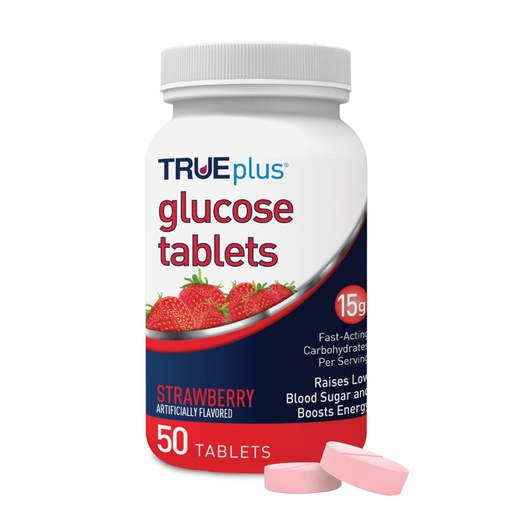 [BRSWYBI7BEPAAAI6] TRUEplus Glucose Tablets, Chewable, Strawberry Flavor, 15g Fast-Acting Carbohydrates, Fat Free, Gluten Free, Boost Energy, 50 Count