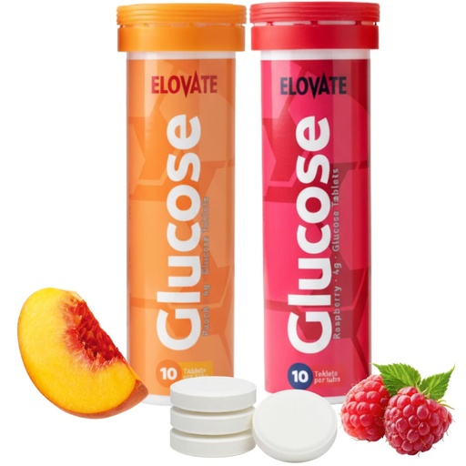 [BRSRGAYOBYIQIYDF] ELOVATE Fast Acting Glucose Tablets, Peach & Raspberry Variety – Raise Low Blood Sugar, 15g Per Serving, Chewable, Gluten Free – 2 Tubes (20 Count, Multiflavor)