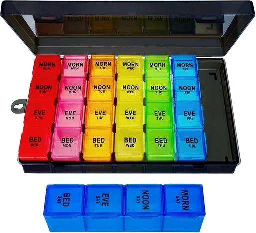 [BRSRMHT3CEIW2DQ2] Wekelijkse Pillen Organisator 4 keer per dag, Grote Medicine Organisator, Pill Box 7 Dag 28 Compartiment, Portable Travel Pillen Container Case voor Vitamine en Supplement (Kleur)