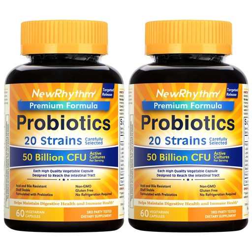 [BRSRAEIHAAIGAYLJ] NewRhythm Probiotics 50 Billion CFU 20 Strains, 120 Veggie Capsules, Targeted Release Technology, Stomach Acid Resistant, No Need for Refrigeration, Non-GMO, Gluten Free