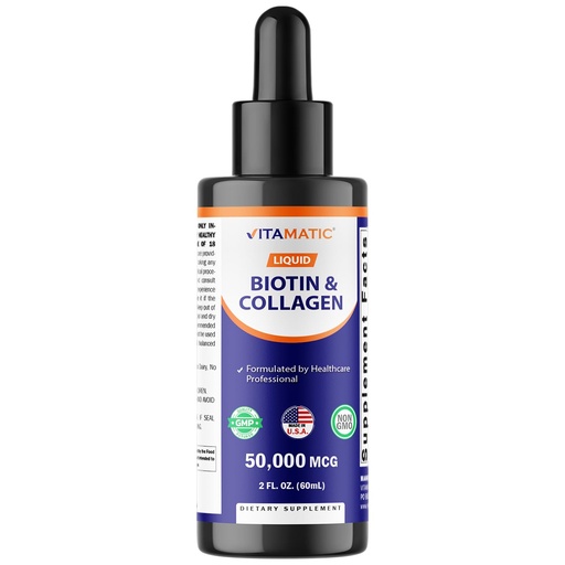 [BRSRO2TQOJ6GECT7] Vitamatic Liquid Biotin & Collagen Drops – 50,000 mcg – 2 fl oz Supports Healthy Hair Growth, Glowing Skin & Strong Nails – for Women and Men