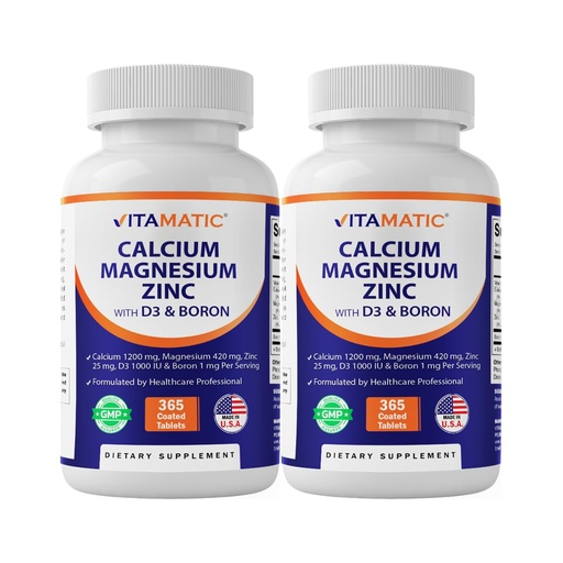 [BRSREFA5C4BBAHLF] Vitamatic Calcium Magnesium Zinc D3 Boron | 365 Coated Tablets Supplement | Calcium 1200 mg, Magnesium 420mg, Zinc 25mg, Vitamin D3 1000 IU, Boron 1 mg | Non-GMO | Gluten Free | Made in USA-2 Pack