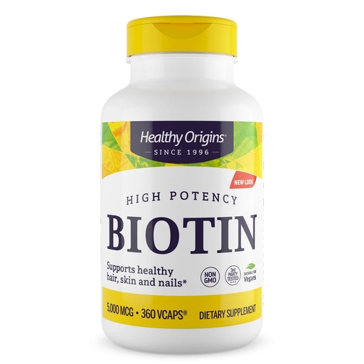 [BRSWIHAACQOBCGAV] Healthy Origins Biotin 5,000 mcg (5 mg), 360 Veggie Capsules - High Potency USP Grade Vitamin B7 Supplement - Supports Healthy Hair Growth, Strong Nails & Glowing Skin - Non-GMO, Vegan & Gluten-Free