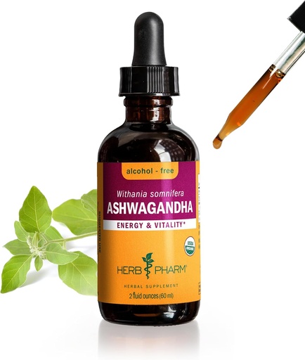 [BRSWGBTROJYBSHLF] Herb Pharm Certified Organic Ashwagandha Extract Drops for Traditional Support for Energy and Vitality, Alcohol-Free Glycerite, 2 Oz