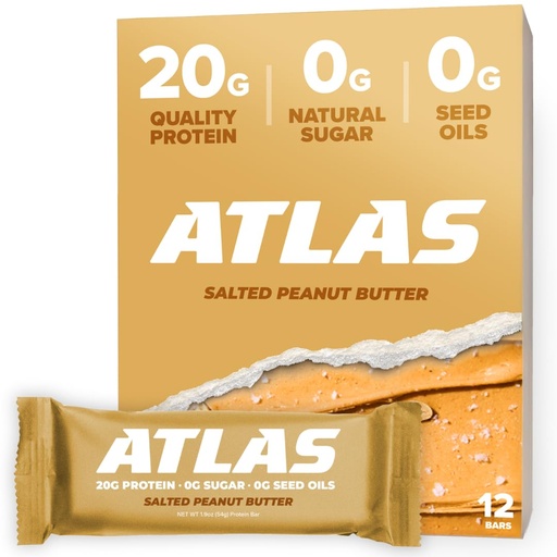 [BRSREGL4CEHAMGTO] Atlas Real Food Protein Bar – 20g Protein, 11g Fiber, 1g Sugar, No Seed Oils, No Artificial Sweeteners (Salted Peanut Butter, 12 Count)