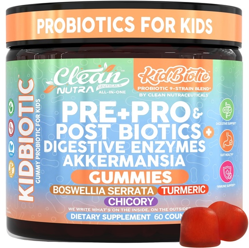 [BRSREGLROIFB42Y3] Clean Nutra Kids Probiotics Gummies with Prebiotics, Postbiotics, Digestive Enzymes, Akkermansia, Boswellia Serrata, Turmeric, Chicory – 60 Count – Plant-Based Supplement for Kids – PeachPop Flavor