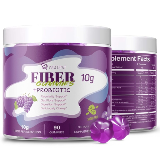 [BRSREZQCAEGWODTU] Migcopat 10G Fiber Gummies with 30 Billion CFU Probiotics, Grape Flavor, Bloating Support, Fiber Supplement with Vitamin C, ACV, Inulin, Sugar Free, 180 Count