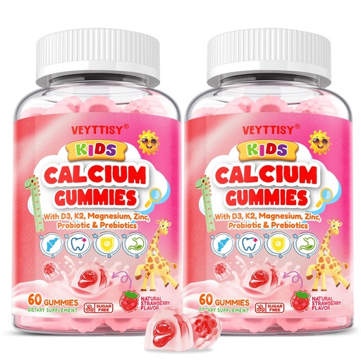 [BRSRECQOO4PGGETJ] Kids Calcium Gummies with D3 & Magnesium for 4+: Sugar Free Calcium Citrate with Vitamin D3, K2, Zinc, Probiotics & Prebiotics for Kids - Gluten Free, Non-GMO,Vegan, Natural Strawberry Flavor
