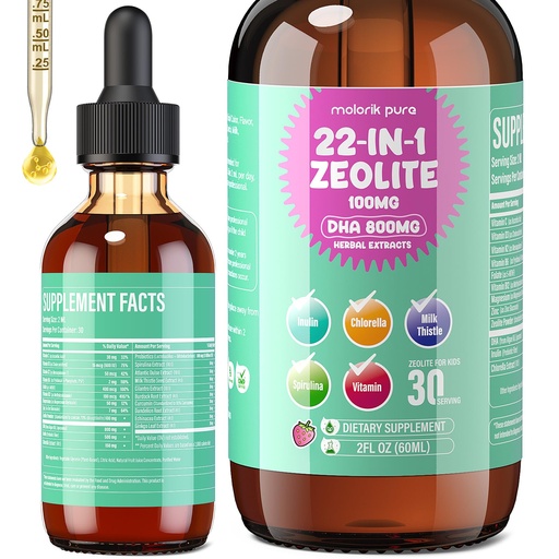 [BRSRGY3QCMFRGE3P] Zeolite Detox for Kids and Adults, Herbal Detox with 800mg DHA, 500mg Inulin, Probiotics & Vitamin B12, D3, C, B6, Cilantro Extract Cleanse to Support Brain, Immune, Gut, Energy, Strawberry, 60ML