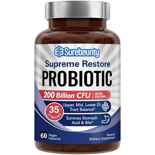 [BRSW2AYEOF7QACTL] Probiotic for Men & Women, 200 Billion CFU 35 Strains, Prebiotics + Digestive Enzymes, Supreme Restore Probiotic Supplement, 60 Veggie Capsules