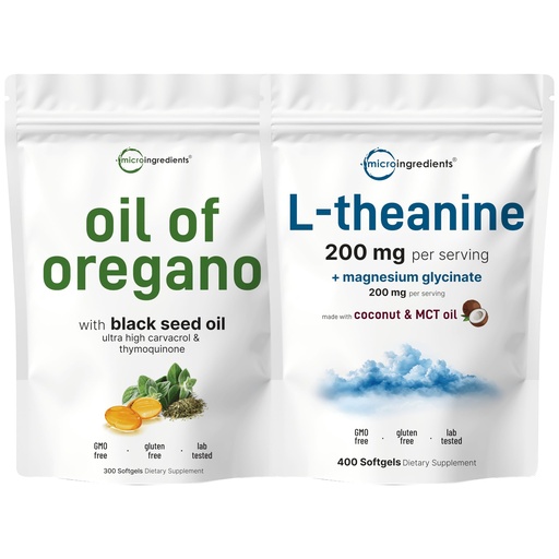 [BRSRACYBAV7WEHLP] Micro Ingredients Oil of Oregano 6,000mg Softgels & L-Theanine 200mg with Magnesium Glycinate Bundle 2 Pack | 4X Strength Carvacrol & Thymoquinone | Amino Acid & Mineral Complex