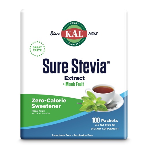 [BRSWIYT3PMDWEAY3] KAL Sure Stevia Plus Monk Fruit Sweetener - Great Tasting, Zero Calorie Sugar Free Sweetener - Low Glycemic, Perfect for a Keto Diet or Low Carb Diet, 60-Day Guarantee, 3.5oz, 100 Single-Serve Packets