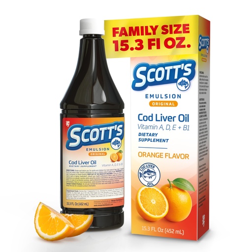 [BRSRGZI2CINWGCD7] SCOTT'S EMULSION Cod Liver Oil Liquid for Kids | Omega 3 Fish Oil for Kids with Vitamins A, D & E | Orange Flavor Fish Emulsion | Family Wellness & Immune Support Supplement | 15.3 Fl Oz | 1-Pack