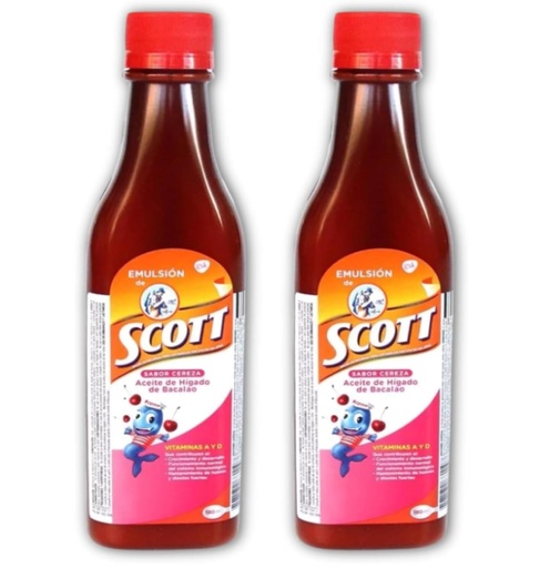 [BRSREZLQB4FQEFIZ] Emulsion de Scott Sabor a Cereza Pack de 2 | Suplementos multivitamínicos | Emulsion de Scott para niños | 180 mL Con Omega 3 Vitaminas A y D, Bacalao, Calcio y Fósforo | Producto 100% Colombiano