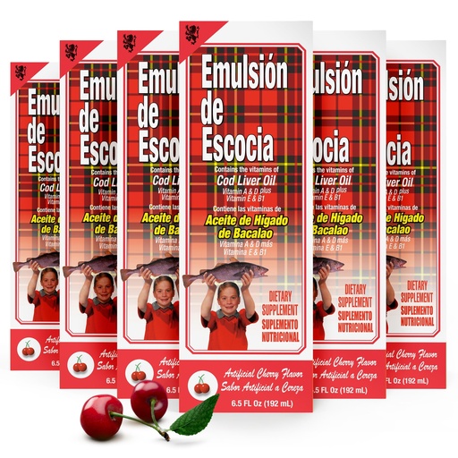 [BRSRGYDYBMFAE3Q4] Emulsion de Escocia Cherry Flavor 6-Pack – Cod Liver Oil Liquid Supplement for Kids – Omega-3 Fish Oil with Vitamins A, D, E & B1 – Immune Support & Growth for Children – 6.5 Fl Oz Pack of 6