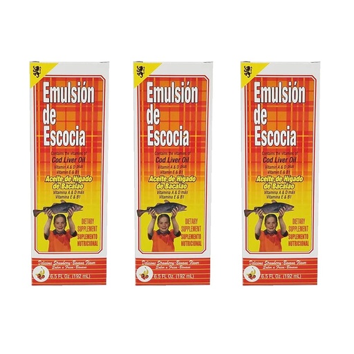 [BRSWGHTYCQBA4ALZ] Emulsion de Escocia. Cod Liver Oil Dietary Supplement. Rich in Vitamins A, D, E and B1. Strawberry and Banana Flavour. 6.5 Fl.Oz / 192 mL. Pack of 3